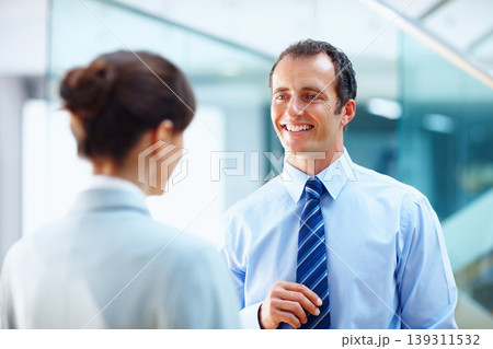 Discussion, office and happy business people for conversation, talking and speaking. Corporate lawyer company team and man and woman chat for planning, working together and networking in workplace 139311532