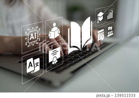 Hands Typing on Laptop with Educational Icons Representing Artificial Intelligence, Learning, and Digital Resources in a Modern Workspace Environment Ledger Hands Typing on Laptop with Educational Icons Representing Artificial Intelligence, Learning, and Digital Resources in a Modern Workspace Environment Ledger 139311533