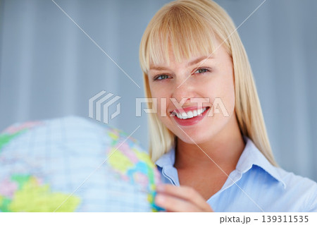 Portrait, smile and business woman with planet, earth day and map for corporate travel. Happy face, professional and globe world, environment conservation or future protection, ecology or geography Portrait, smile and business woman with planet, earth day and map for corporate travel. Happy face, professional and globe world, environment conservation or future protection, ecology or geography 139311535