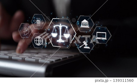 Digital law interface displaying justice scale, highlighting digital law Muxer Digital law interface displaying justice scale, highlighting digital law Muxer 139311560