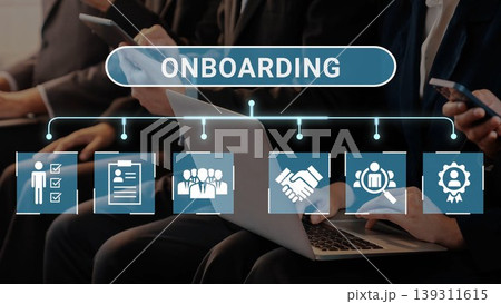 Modern Business Onboarding Process with Visual Graphics Representing Steps for Employee Integration and Engagement in Workplace Settings Gluon 139311615