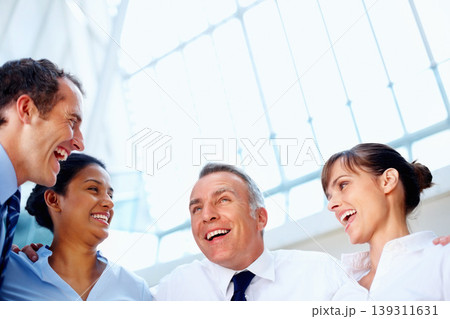Businesspeople, together and excitement with low angle in office for diversity, unity and support. Corporate, man and woman with happiness for global, success or goal with future, partnership or team 139311631