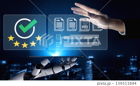 Robotic Hand Interacting with Digital Interface Showing Approval, Quality, and Verification in a Futuristic Cityscape Environment Ledger Robotic Hand Interacting with Digital Interface Showing Approval, Quality, and Verification in a Futuristic Cityscape Environment Ledger 139311694