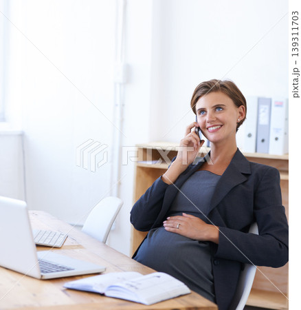 Woman, pregnant and maternity phone call at work for communication, thinking or waiting motherhood. Female person, smile and stomach or networking talking as professional employee, career or business Woman, pregnant and maternity phone call at work for communication, thinking or waiting motherhood. Female person, smile and stomach or networking talking as professional employee, career or business 139311703