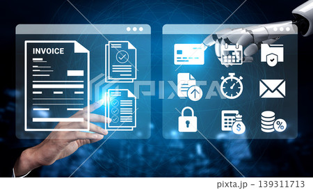 Futuristic Interface with Robotic Hand Managing Digital Invoices and Financial Documents in a High-Tech Environment Ledger Futuristic Interface with Robotic Hand Managing Digital Invoices and Financial Documents in a High-Tech Environment Ledger 139311713
