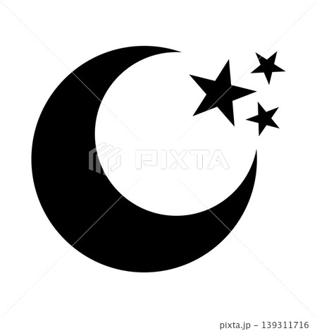 Black crescent moon with stars icon for night sky and sleep design. Elegant celestial symbol for branding and logos, Vector Illustration Black crescent moon with stars icon for night sky and sleep design. Elegant celestial symbol for branding and logos, Vector Illustration 139311716