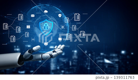 Futuristic Digital Interface Showing Cybersecurity Concepts and Robotic Hand with Global Data Connections Against Abstract City Background Ledger Futuristic Digital Interface Showing Cybersecurity Concepts and Robotic Hand with Global Data Connections Against Abstract City Background Ledger 139311763