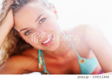Summer, travel and bikini with portrait of woman on holiday for swimming, relax and vacation. Tropical, happy and calm with face of person and sunbathing for outdoor, peace and swimwear mockup Summer, travel and bikini with portrait of woman on holiday for swimming, relax and vacation. Tropical, happy and calm with face of person and sunbathing for outdoor, peace and swimwear mockup 139311808