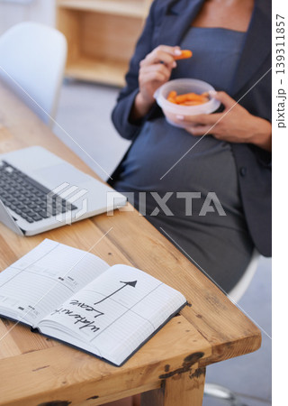 Pregnant, book and business woman at her desk in the office, getting ready for maternity leave. Schedule, calendar or planner with a corporate professional in the workplace as a mother and employee Pregnant, book and business woman at her desk in the office, getting ready for maternity leave. Schedule, calendar or planner with a corporate professional in the workplace as a mother and employee 139311857