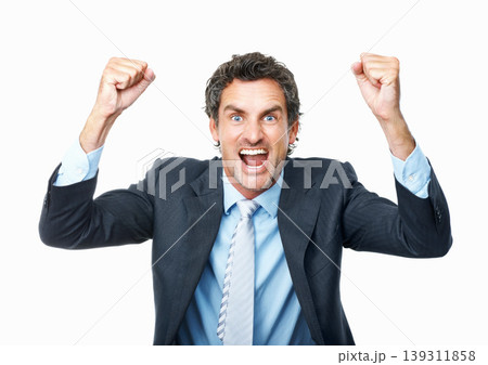 Excited business man, portrait or fist for success, celebrate deal or winning promotion in studio on white background. Happy mature entrepreneur, giveaway prize winner or reward for bonus achievement Excited business man, portrait or fist for success, celebrate deal or winning promotion in studio on white background. Happy mature entrepreneur, giveaway prize winner or reward for bonus achievement 139311858