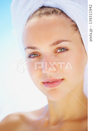 Skincare, portrait and woman with natural beauty in studio for wellness, cosmetics or body cleaning routine. Glow, face and female model relax with dermatology, shine and spa aesthetic after shower Skincare, portrait and woman with natural beauty in studio for wellness, cosmetics or body cleaning routine. Glow, face and female model relax with dermatology, shine and spa aesthetic after shower 139311942