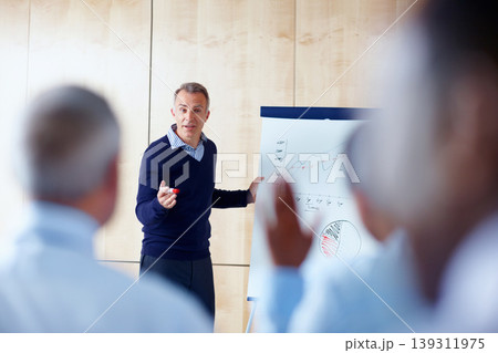 Business people, seminar and man with presentation, finance and coaching with training, audience and investment. Staff, manager and employee with feedback, graphs and budget with meeting or workshop 139311975