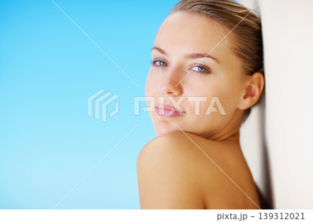Woman, wall and skincare with portrait, beauty or results for promotion, blue sky background or nature. Girl, touch skin and change with cosmetics, wellness or transformation for mockup space outdoor Woman, wall and skincare with portrait, beauty or results for promotion, blue sky background or nature. Girl, touch skin and change with cosmetics, wellness or transformation for mockup space outdoor 139312021