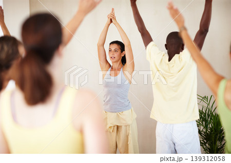 Fitness, yoga class and group with personal trainer for stretching, exercise and workout in studio. Pilates, health club and men and women with instructor for wellness, balance and healthy body Fitness, yoga class and group with personal trainer for stretching, exercise and workout in studio. Pilates, health club and men and women with instructor for wellness, balance and healthy body 139312058