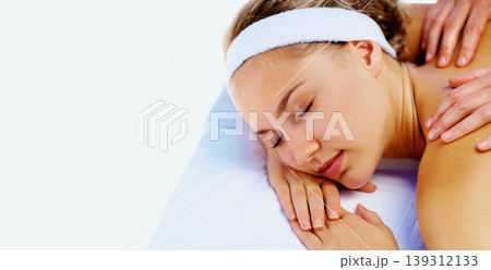 Spa, sleep and woman with back massage for wellness and health in a salon. Resort, masseuse table and calm female person with zen and treatment for beauty and body stress relief with white background 139312133