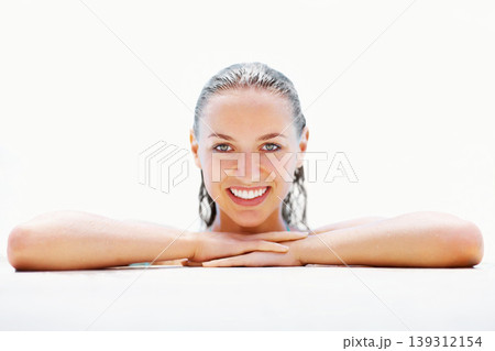 Portrait, edge and swimming pool with woman, vacation and relax with holiday, water and getaway trip. Face, person and girl with wellness, wet and summer with weekend break, luxury and mockup space Portrait, edge and swimming pool with woman, vacation and relax with holiday, water and getaway trip. Face, person and girl with wellness, wet and summer with weekend break, luxury and mockup space 139312154