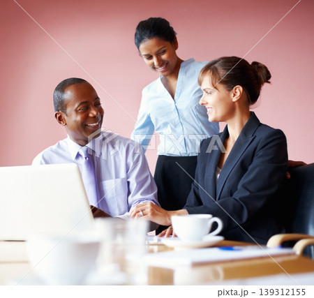 Collaboration, corporate people and meeting with a laptop in the boardroom for planning or strategy. Smile, teamwork or diversity with business men and women working on a computer for company vision 139312155