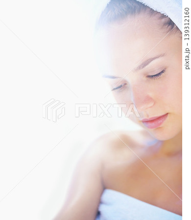 Woman, beauty and spa treatment on mockup for skincare, facial or cosmetics against a white studio background. Face of calm female person or model in relax for dermatology, hygiene or wellness Woman, beauty and spa treatment on mockup for skincare, facial or cosmetics against a white studio background. Face of calm female person or model in relax for dermatology, hygiene or wellness 139312160
