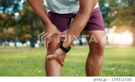 Hands, knee pain and sore at park, fitness and athlete with sprain after exercise or muscle tension. Outdoor, training accident and person with workout injury in nature, inflammation and leg fracture 139312188