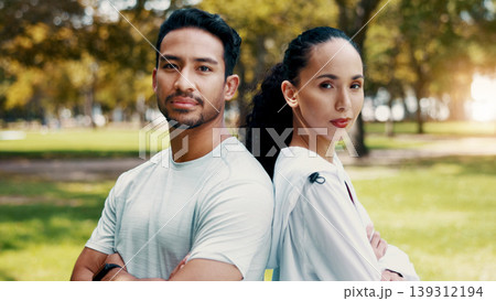 Couple, arms crossed and portrait with fitness at park, support and confidence for wellness in summer. People, partner and outdoor in nature with bonding, relationship and exercise in Indonesia Couple, arms crossed and portrait with fitness at park, support and confidence for wellness in summer. People, partner and outdoor in nature with bonding, relationship and exercise in Indonesia 139312194