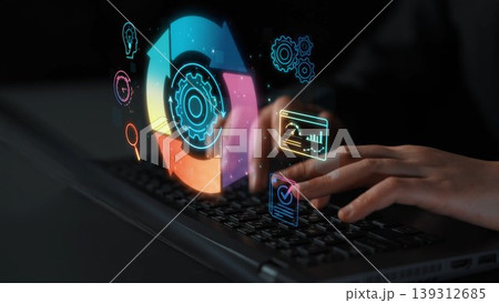 Engaging image of hands typing on a laptop with colorful digital icons representing various aspects of data analysis and technology, symbolizing innovation and modern business solutions. Sigmoid Engaging image of hands typing on a laptop with colorful digital icons representing various aspects of data analysis and technology, symbolizing innovation and modern business solutions. Sigmoid 139312685