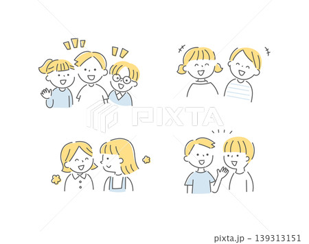 仲良くおしゃべりする子供たちのイラストセット単色 139313151