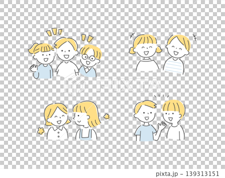 仲良くおしゃべりする子供たちのイラストセット単色 139313151