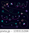 Neon airplane path set, luminescent vector plane route collection, flight ways with destinations. Gradient ultra acid line and dotted signs, aircraft tracking in different variations 139313284