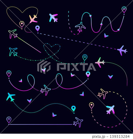 Neon airplane path set, luminescent vector plane route collection, flight ways with destinations. Gradient ultra acid line and dotted signs, aircraft tracking in different variations Neon airplane path set, luminescent vector plane route collection, flight ways with destinations. Gradient ultra acid line and dotted signs, aircraft tracking in different variations 139313284