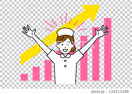 A female nurse celebrates with a cheer, showing an upward-sloping graph. 139313298