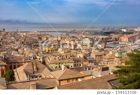 Cityscape with port and container terminal in Genoa Italy Cityscape with port and container terminal in Genoa Italy 139313316