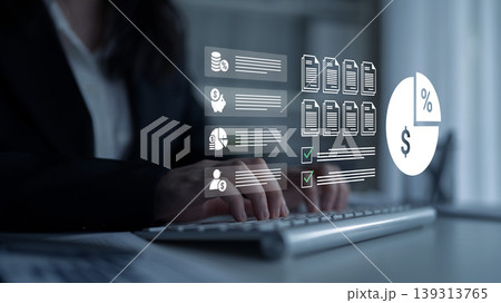 Hands on Keyboard with Virtual Financial Interface Displaying Data Visualizations and Analytics in Modern Business Environment Ledger Hands on Keyboard with Virtual Financial Interface Displaying Data Visualizations and Analytics in Modern Business Environment Ledger 139313765
