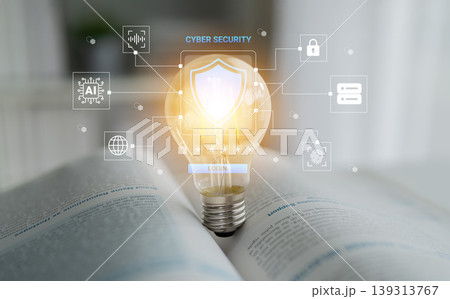 Light Bulb with Digital Cyber Security Symbols Shining on an Open Book, Representing Innovation and Knowledge in the Technology Field Ledger Light Bulb with Digital Cyber Security Symbols Shining on an Open Book, Representing Innovation and Knowledge in the Technology Field Ledger 139313767