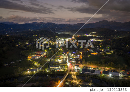 Evening over Franklin, North Carolina surrounded with dark forested hills of Appalachian mountains. USA travel destination. Evening over Franklin, North Carolina surrounded with dark forested hills of Appalachian mountains. USA travel destination. 139313888