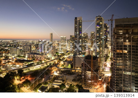 Downtown district of Miami Brickell in Florida, USA at sunset. Urban landscape of high-rise buildings in modern American megapolis 139313914
