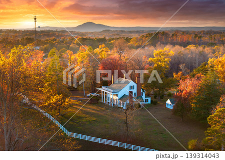 Country-style homes on Tennessee hills surrounded by yellow autumn trees, evening sunlight enhancing vibrant seasonal scenery. 139314043
