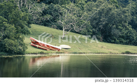 Beautiful landscape of Hiyare Reservoir boat on the ground reflection 139314318