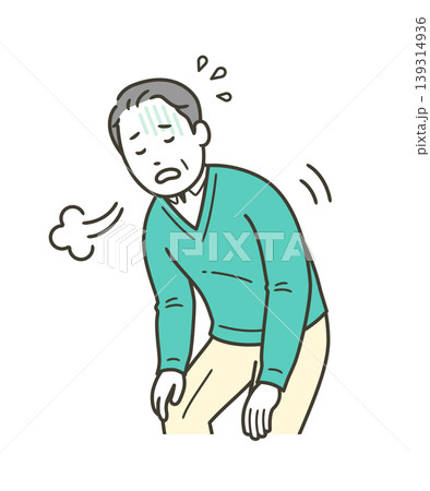 息切れをして大きな呼吸をする中年男性の上半身イラスト 139314936