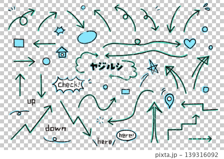 手書きのカラフルな矢印のイラストセット 青 手書きのカラフルな矢印のイラストセット 青 139316092