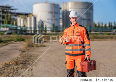 Caucasian Male Industrial Worker in White Hard Hat Giving Thumbs Up at Chemical Plant with Red Toolbox Caucasian Male Industrial Worker in White Hard Hat Giving Thumbs Up at Chemical Plant with Red Toolbox 139316730