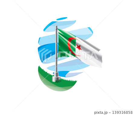 Algerian flag on a green lawn against a background of blue abstract sky Algerian flag on a green lawn against a background of blue abstract sky 139316858