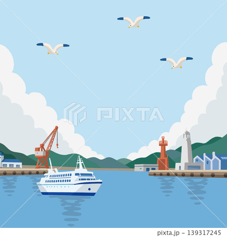 夏の港と灯台の風景バナーイラスト（海と船の爽やかなベクターデザイン） 139317245