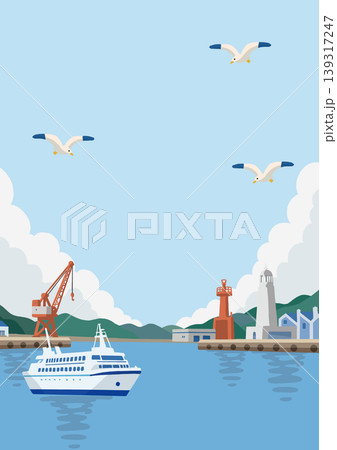 夏の港と灯台の風景バナーイラスト（海と船の爽やかなベクターデザイン） 139317247