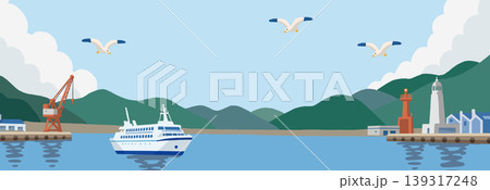 夏の港と灯台の風景バナーイラスト(海と船の爽やかなベクターデザイン) 夏の港と灯台の風景バナーイラスト(海と船の爽やかなベクターデザイン) 139317248
