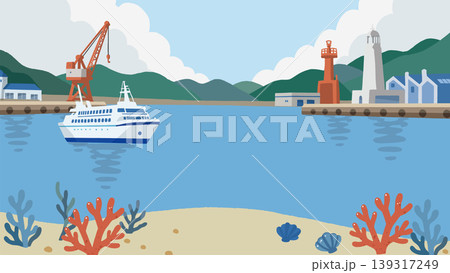 夏の港と灯台の風景バナーイラスト（海と船の爽やかなベクターデザイン） 139317249