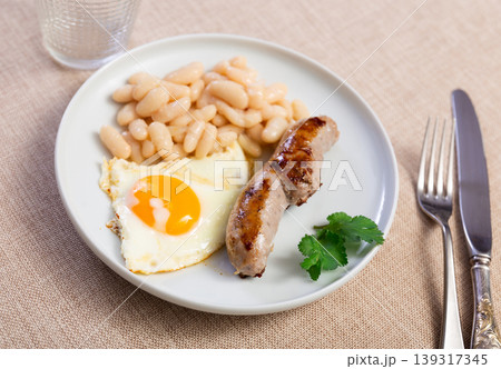 Portion of breakfast food is fried egg and pork sausage with stewed beans Portion of breakfast food is fried egg and pork sausage with stewed beans 139317345