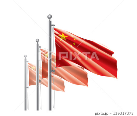 Brightly shining Chinese flags wave proudly on tall masts during official celebration events Brightly shining Chinese flags wave proudly on tall masts during official celebration events 139317375