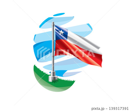 Chilean flag on a green lawn against a background of blue abstract sky 139317391