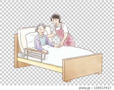 高齢者をベッドで介助する女性介護士 高齢者をベッドで介助する女性介護士 139317417