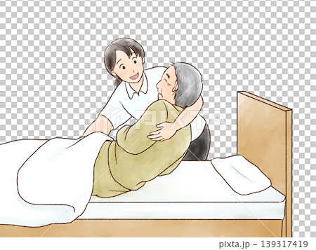 幫助老人在床上的女性護理人員 幫助老人在床上的女性護理人員 139317419